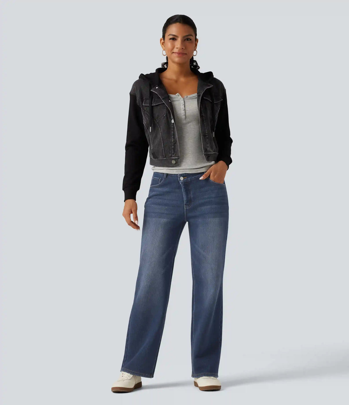 Mid Rise Asymmetric Straight Leg Fleece Casual Jeans with Pockets