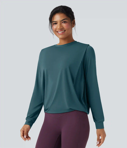 Round Neck Long Sleeve Ruched Yoga Sports Top-UPF50+