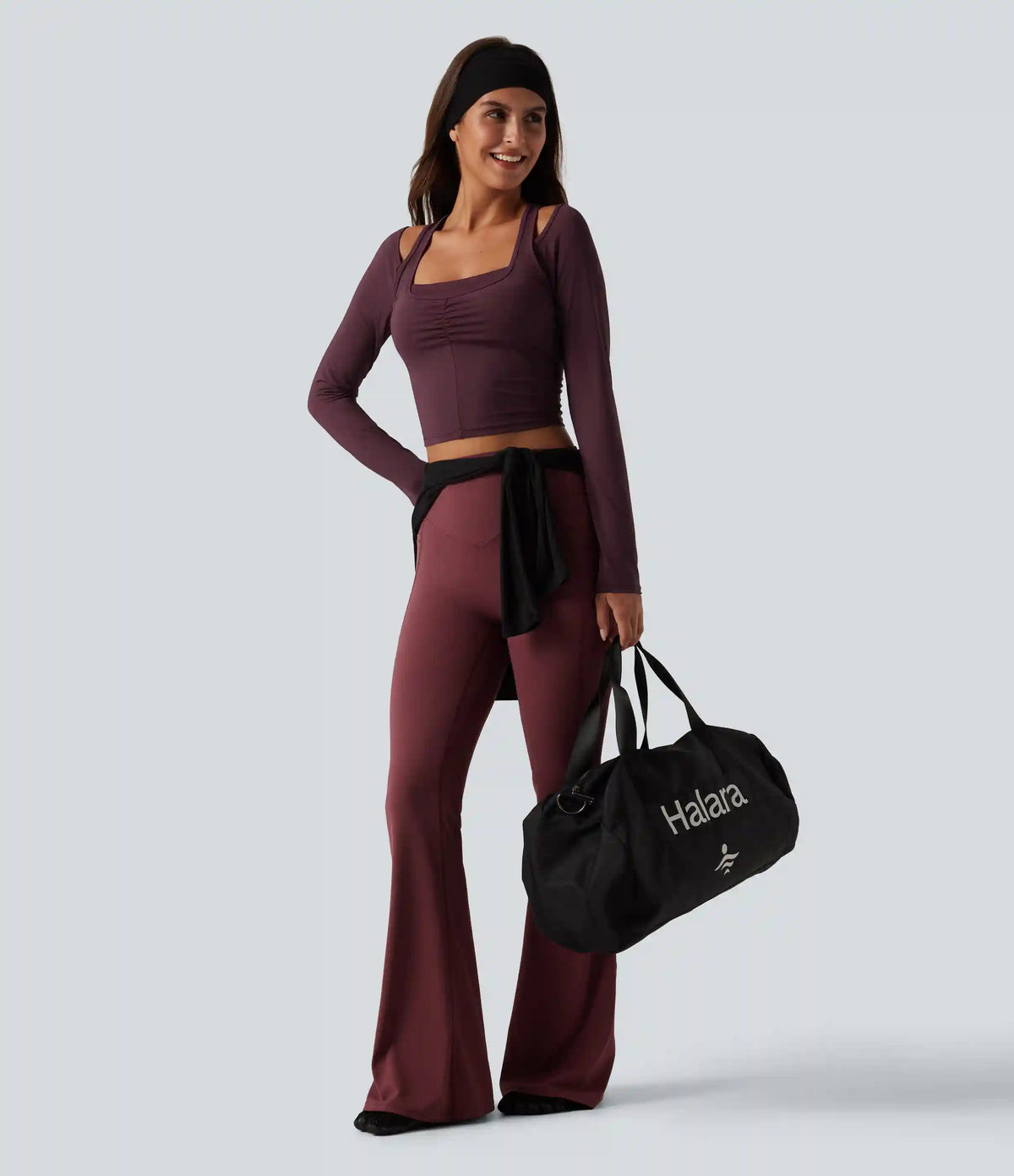 Long Sleeve Ruched Built-in Bra Cut-Out Back InstantCool Yoga Sports Top B-D Cups-UPF50+