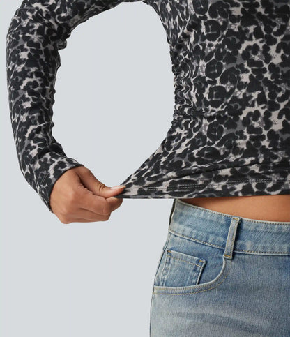 Round Neck Leopard Print Long Sleeve Ruched Casual Top