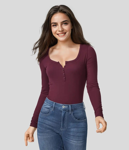 Ribbed Henley Neck Long Sleeve Slim Casual T-Shirt