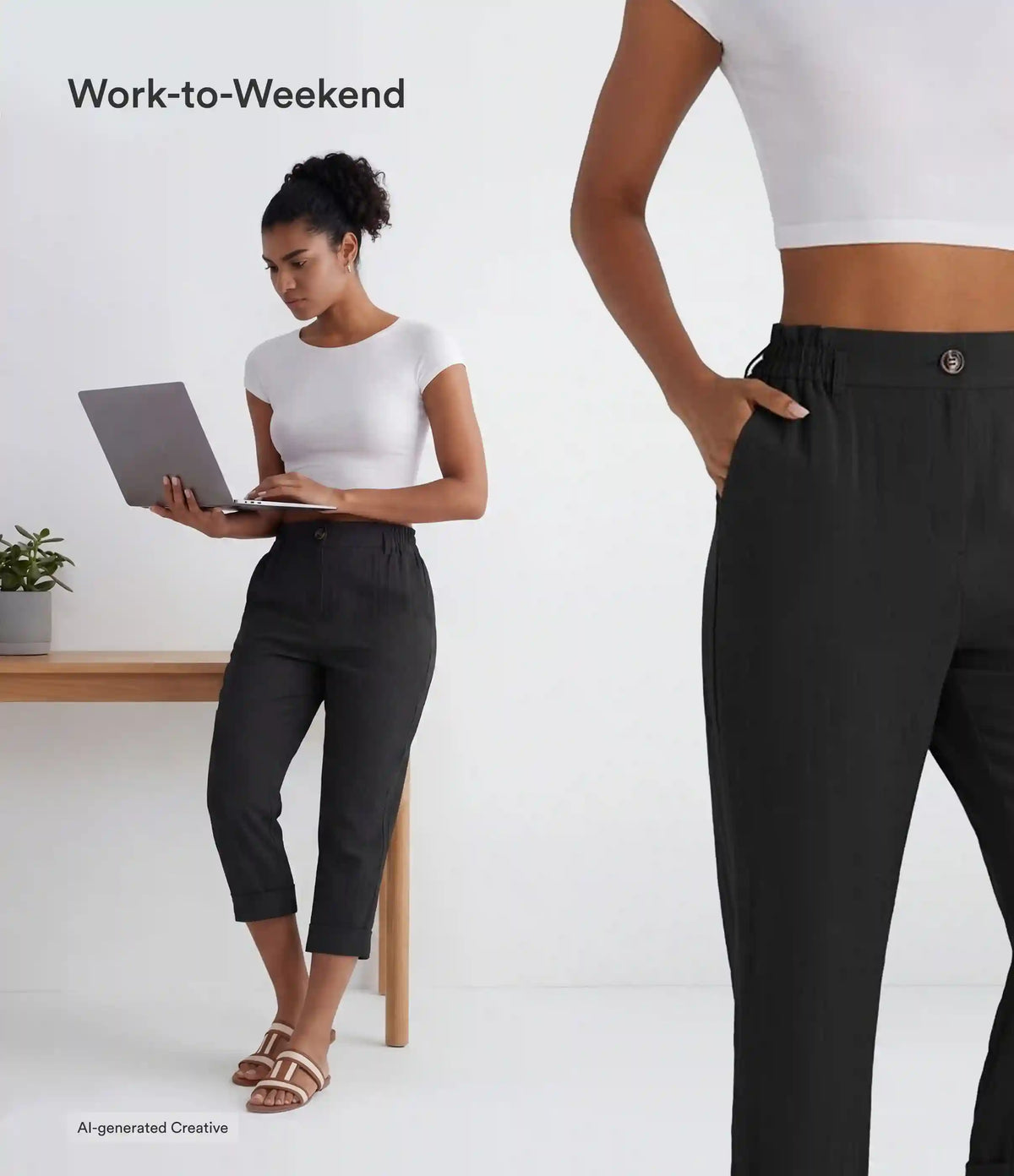 High Waisted Zipper Pocket Cropped Linen-Feel Pants