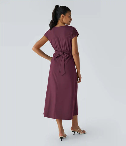 Breezeful™ V Neck Short Sleeve Pocket Tie Back Quick Dry Midi Casual Dress-Longer Length