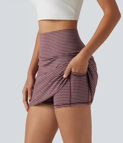 Ultra High-Waist Tummy Control Curved Hem 2-in-1 Stripes Golf Mini Skirt with Pockets