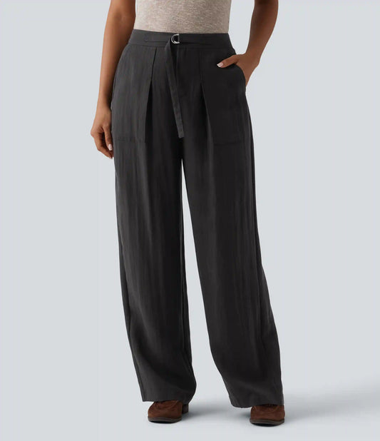 Adjustable High Waisted Linen Work Baggy Pants with Pockets