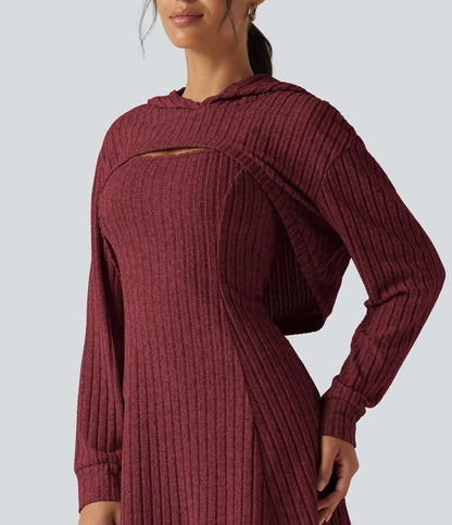 Ribbed Knit Hooded Long Sleeve 2-Piece Mini Casual Dress