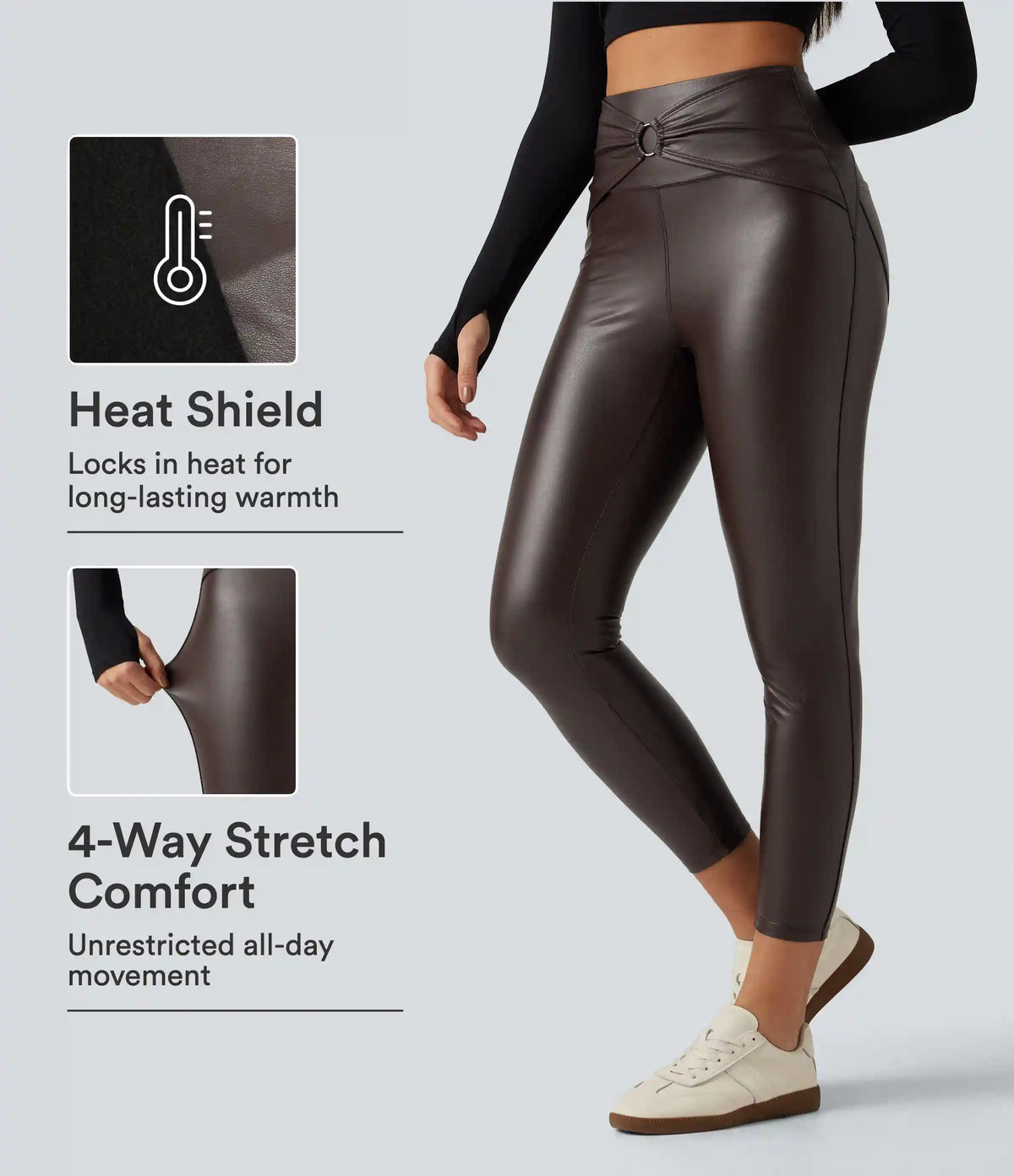 High Waisted Ruched Stretchy PU Fleece Yoga Leggings with Pockets