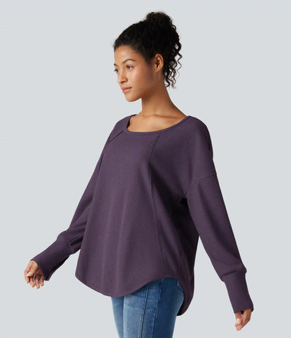 Scoop Neck Long Sleeve Curved Hem Relaxed Waffle Casual Top