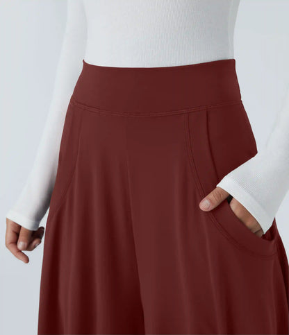 Mid Rise Pockets Draped Wide Leg Baggy Casual Pants