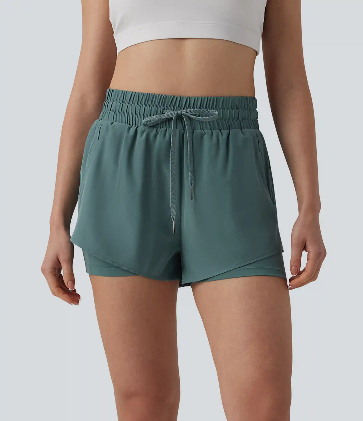 High Waisted Drawstring 2-in-1 Running Shorts with Pockets