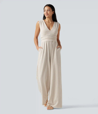 V Neck Sleeveless Built-in Bra Stripe Casual Jumpsuit with Pockets-Easy Peezy Edition