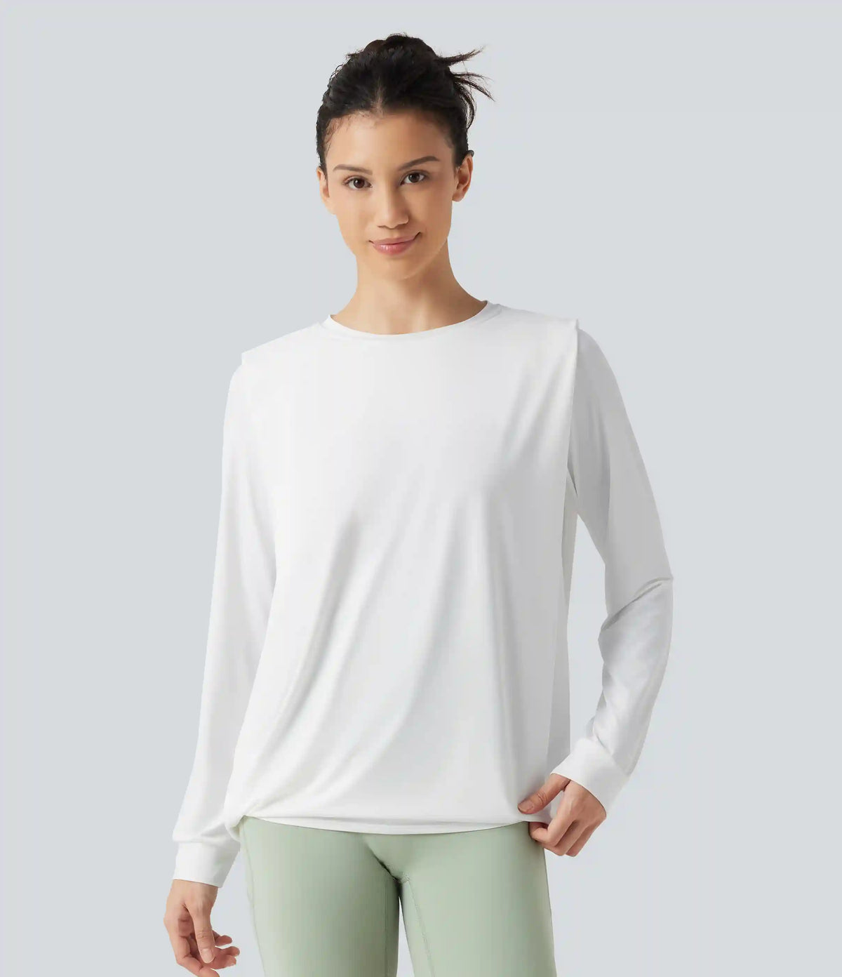 Round Neck Long Sleeve Ruched InstantCool Yoga Sports Top-Longer Length-UPF50+