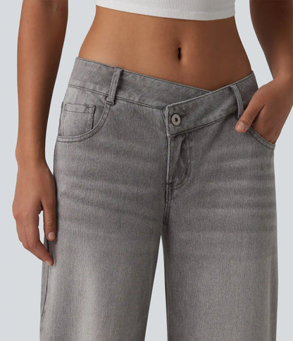 Halara Flex™ Asymmetric Low Rise Zipper Pockets Baggy Wide Leg Washed Casual Jeans