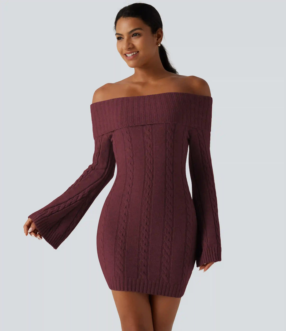Off Shoulder Bell Long Sleeve Bodycon Mini Casual Sweater Dress