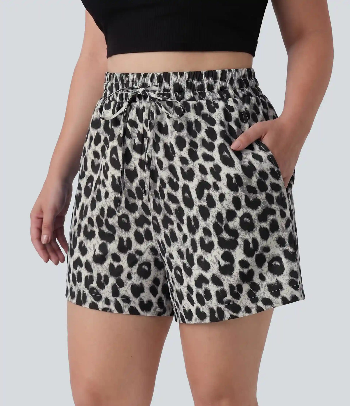 Plus Size High Waisted Drawstring Leopard Print Casual Shorts with Pockets
