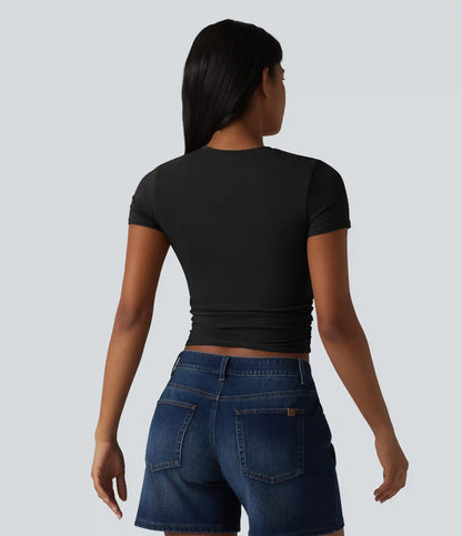 Halara Cotton Jersey Round Neck Short Sleeve Ruched Built-in Bra Casual T-Shirt