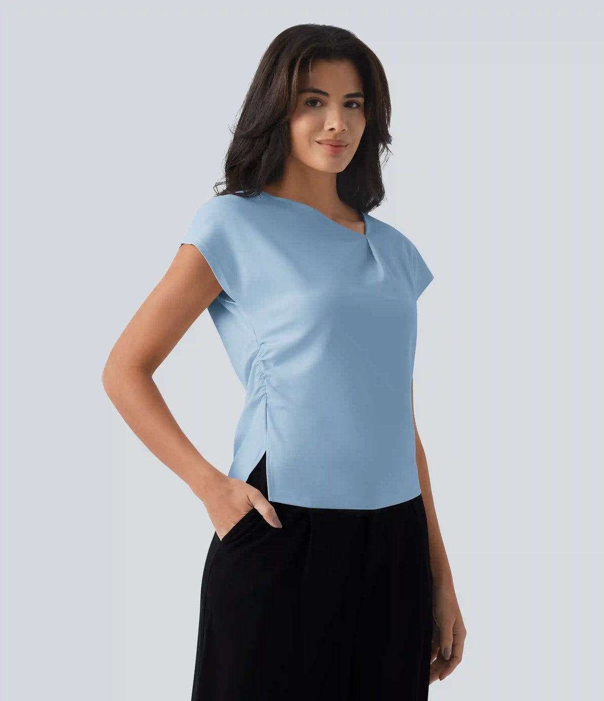 Asymmetric Cowl Neck Short Sleeve Ruched Split Hem Work Blouse
