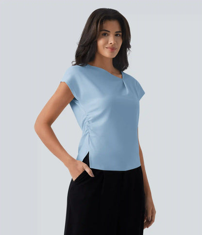 Asymmetric Cowl Neck Short Sleeve Ruched Split Hem Work Blouse