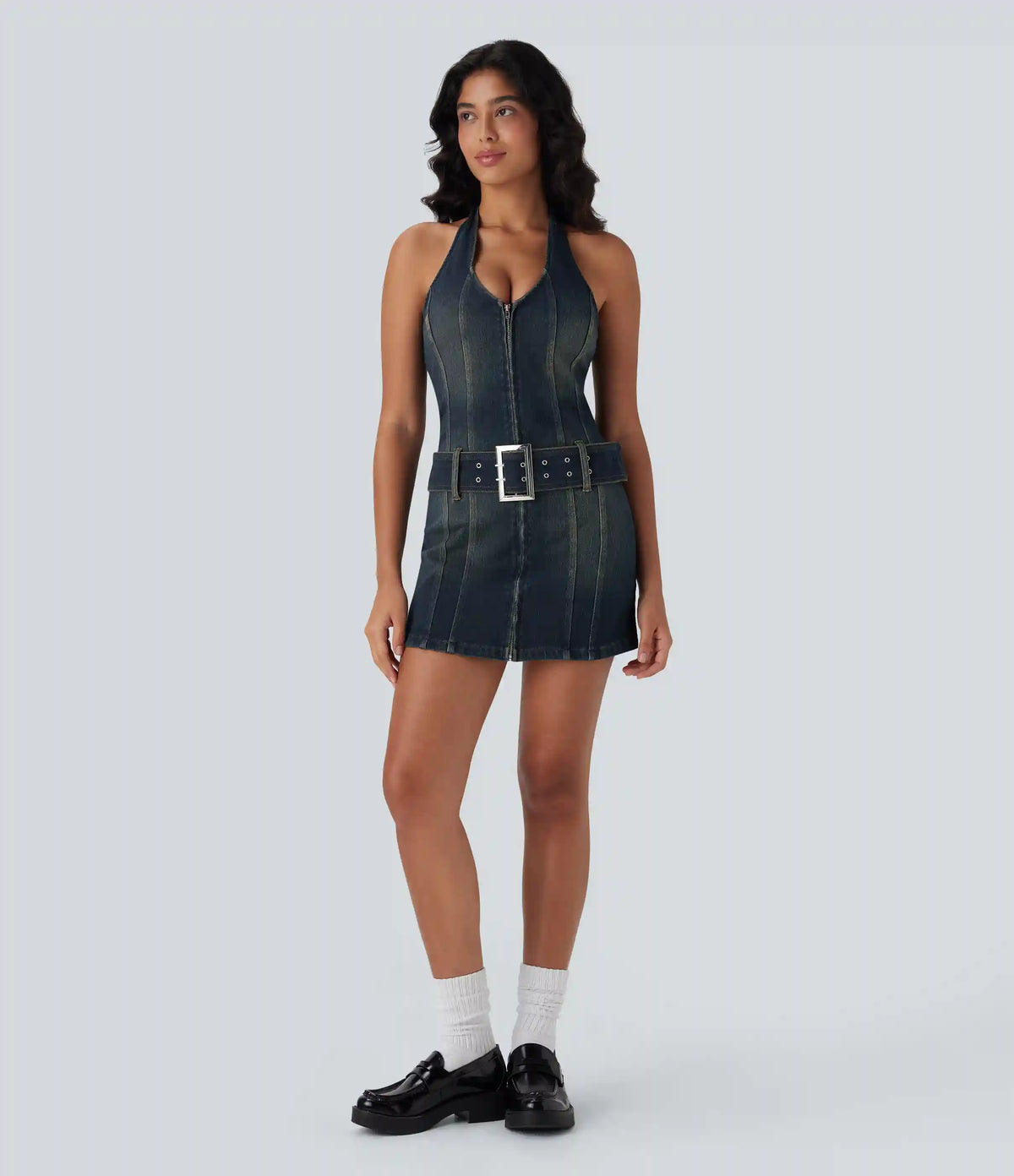 Halara Flex™ Halter Zipper Belted Bodycon Mini Washed Denim Casual Dress