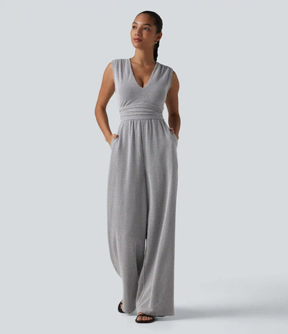 V Neck Sleeveless Built-in Bra Stripe Casual Jumpsuit with Pockets-Easy Peezy Edition