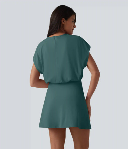 SoftlyZero™ Airy Round Neck Short Sleeve 2-in-1 InstantCool Mini Yoga Active Dress with Pockets-Easy Peezy Edition