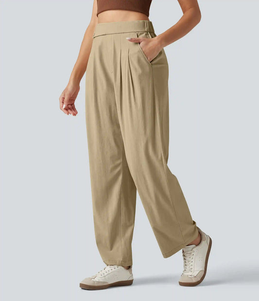High Waisted Tapered Casual Stretch Linen Pants with Pockets