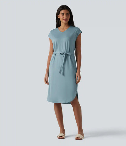 V-neck Short Sleeve Belted Curved Hem Casual T-Shirt Dress