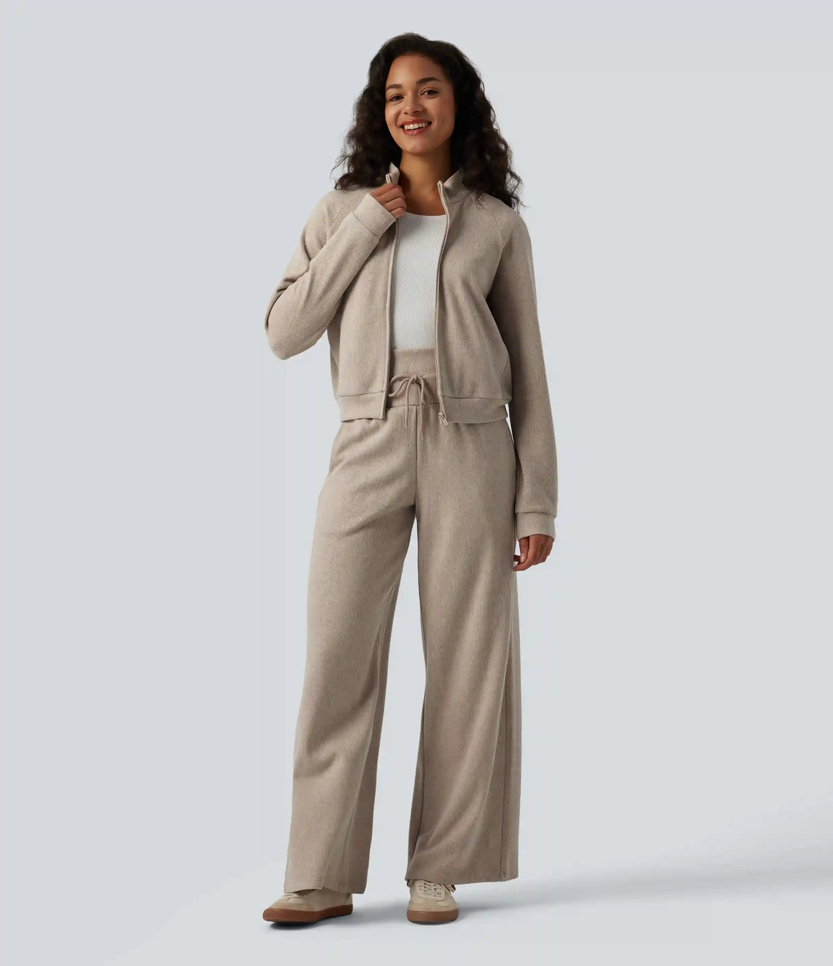 Ribbed Stand Collar Long Sleeve Zipper Casual Jacket with Pockets