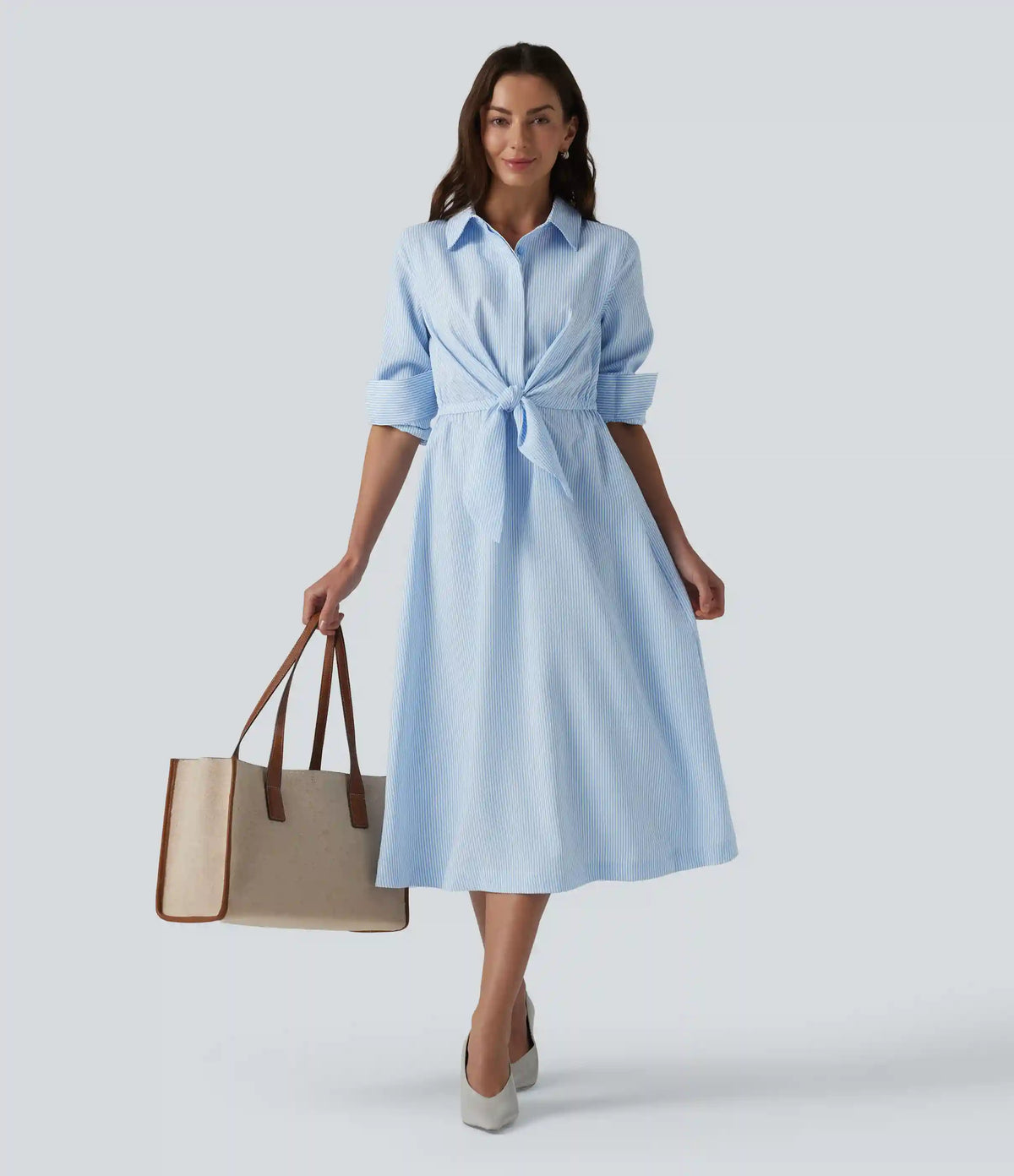 Collar Long Sleeve Tie-front Stripes Midi Work Shirt Dress
