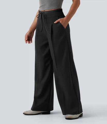 High Waisted Drawstring Wide Leg Work Pants with Pockets