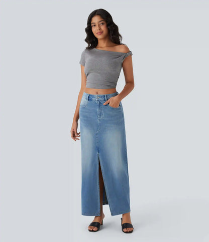 Halara Flex™ Mid Rise Pockets Straight Maxi Washed Denim Casual Skirt