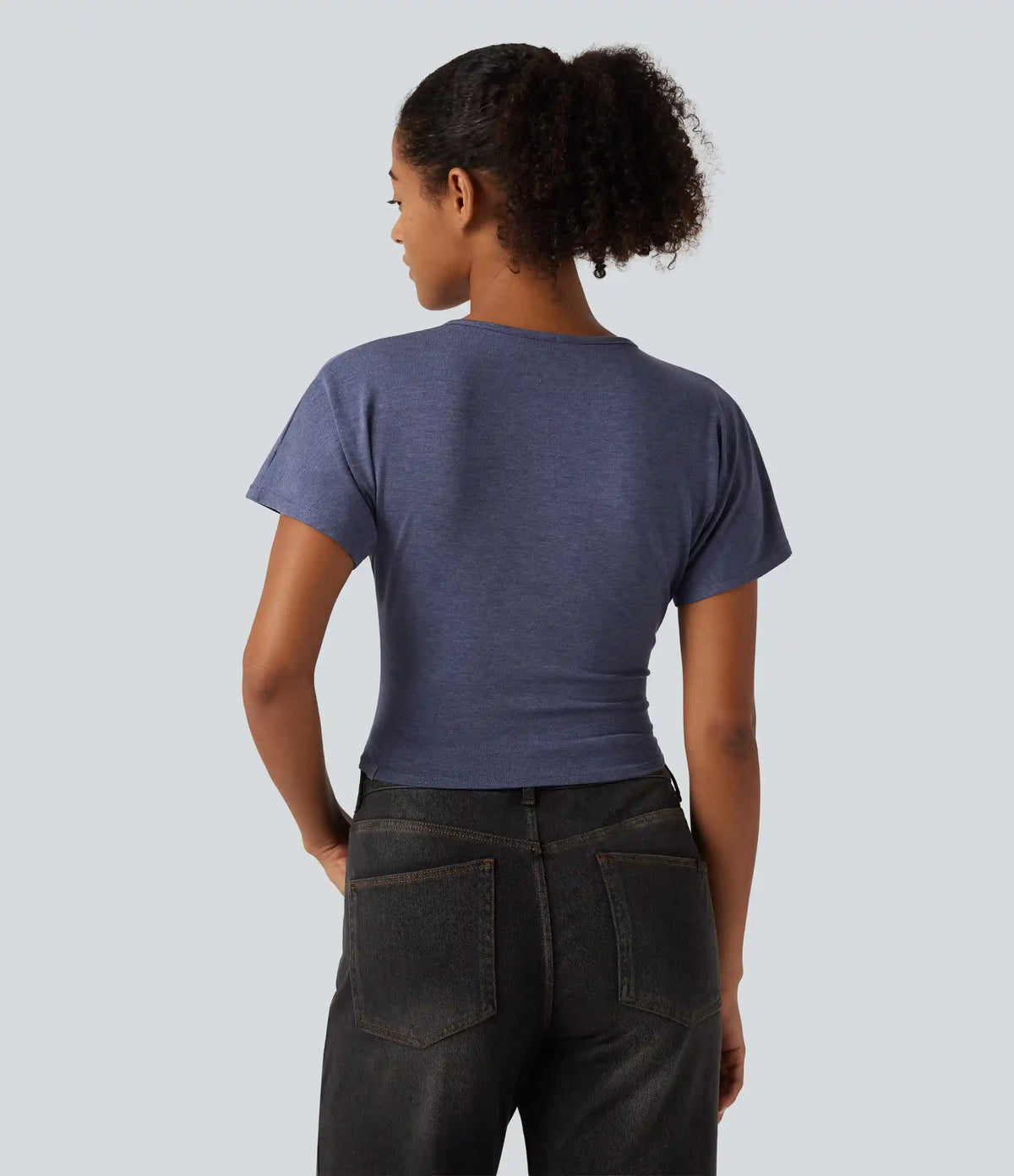 V Neck Flounce Short Sleeve Ruched Casual T-Shirt