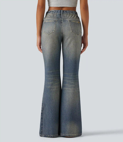 Mid Rise Denim Print Casual Flare Jeans with Pockets