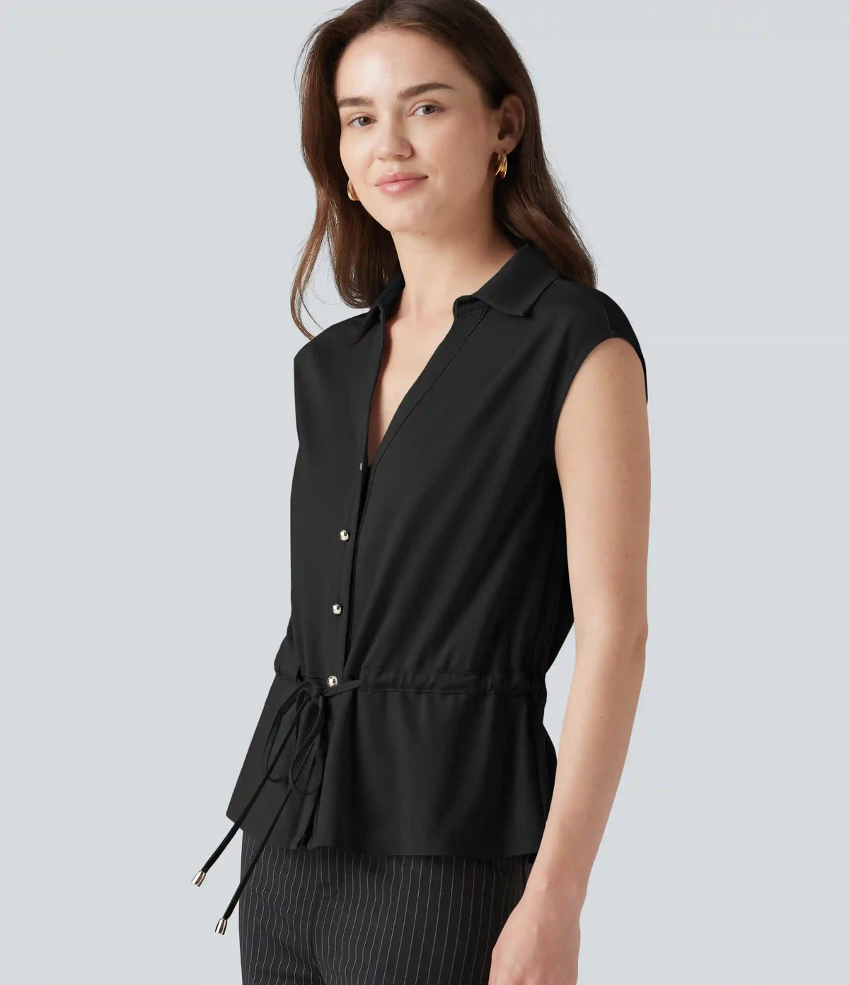 V-neck Sleeveless Button Fly Drawstring Work Shirt