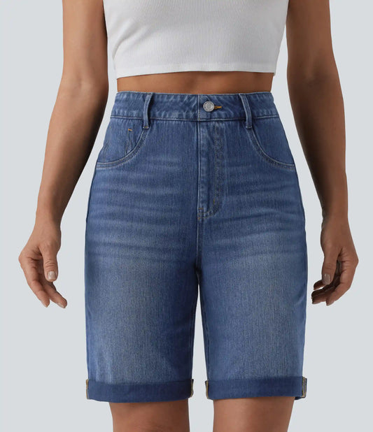 Halara Flex™ High Waisted Tummy Control Rolled Hem Washed Denim Casual Shorts with Pockets
