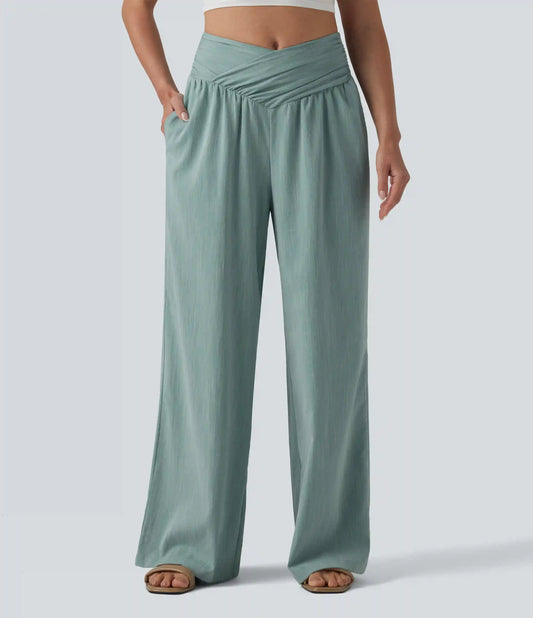 Crossover High-waisted Ruched Casual Linen-Feel Baggy Pants with Pockets