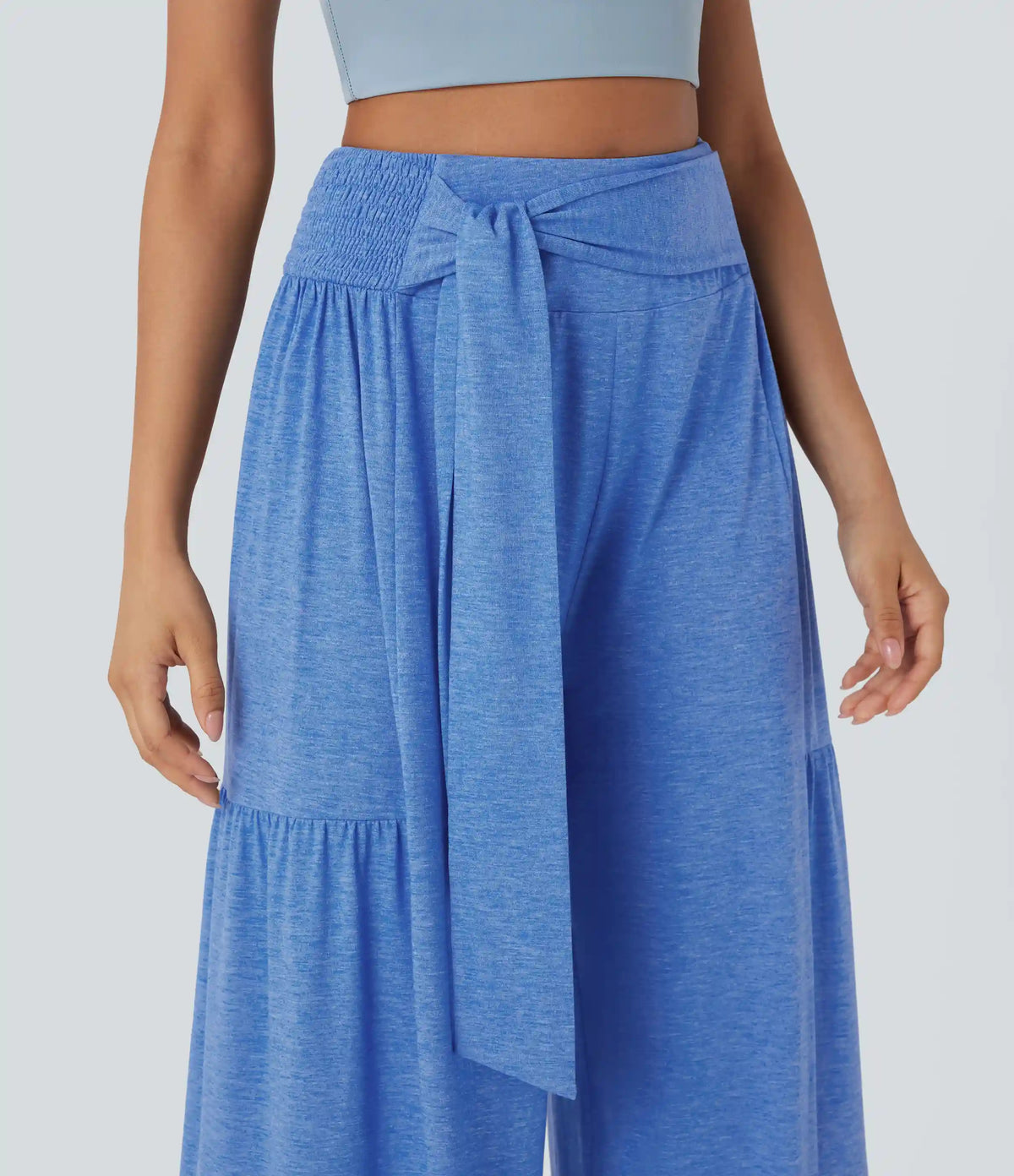 High Waisted Shirred Tie Front & Back Wide Leg Flowy Dance Pants
