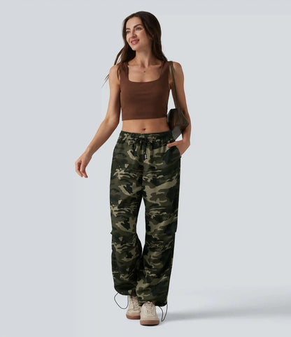 Mid Rise Drawstring Camo Casual Cargo Baggy Pants with Pockets