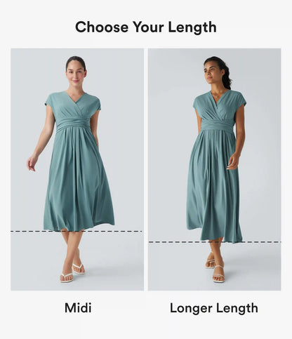 Breezeful™ V Neck Short Sleeve Pocket Tie Back Quick Dry Midi Casual Dress