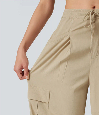 Mid Rise Drawstring Straight Leg Casual Stretch Linen Cargo Pants with Pockets