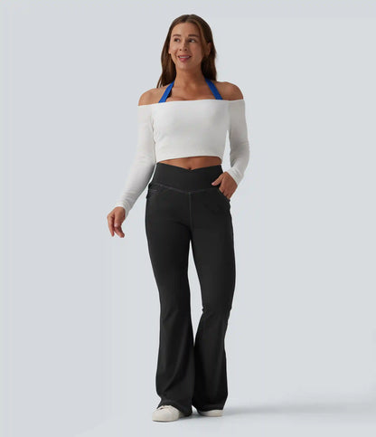 Mid Rise Crossover Super Flare Casual Leggings with Pockets