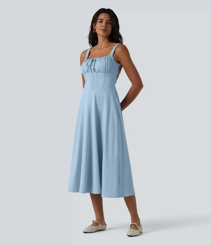 Crisscross Backless Square Neck Sleeveless Ruched Built-in Bra Midi Resort Flowy Milkmaid Dress