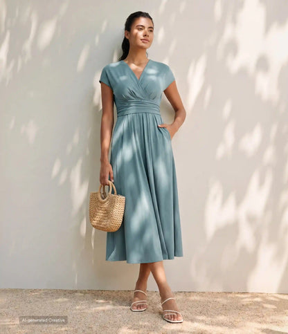 Breezeful™ V Neck Short Sleeve Pocket Tie Back Quick Dry Midi Casual Dress-Longer Length