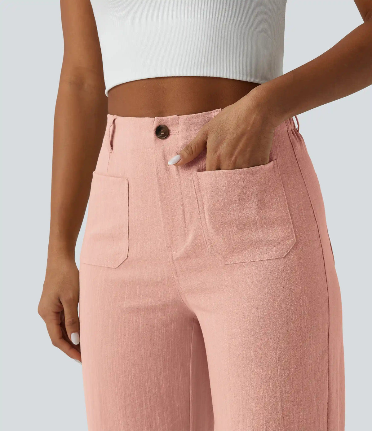High Waisted Straight Leg Casual Linen-Feel Pants with Pockets