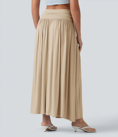 High Waisted Ruched Flowy Maxi Casual Skirt