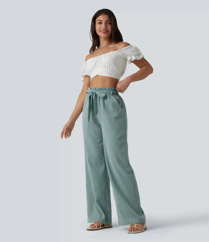 High Waisted Lettuce Trim Belted Straight Leg Casual Linen-Feel Pants with Pockets