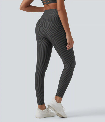 High Waisted Tummy Control Drawstring Striped Yoga Leggings with Pockets