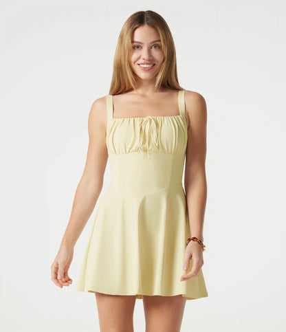 Crisscross Backless Square Neck Sleeveless Ruched Built-in Bra Mini Resort Flowy Milkmaid Dress