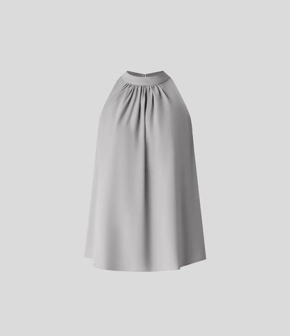 Keyhole Back Halter Sleeveless Curved Hem Work Blouse