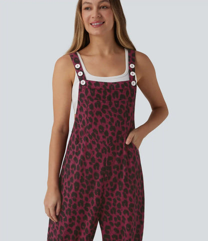 Adjustable Straps Leopard Print Waffle Casual Jogger Overalls with Pockets